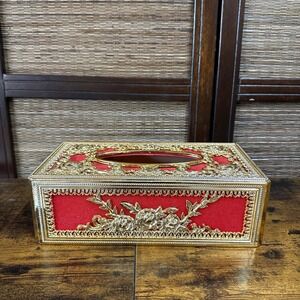 VTG MCM Hollywood Regency Gold Tone and Red Velvet Ornate Tissue Box Cover